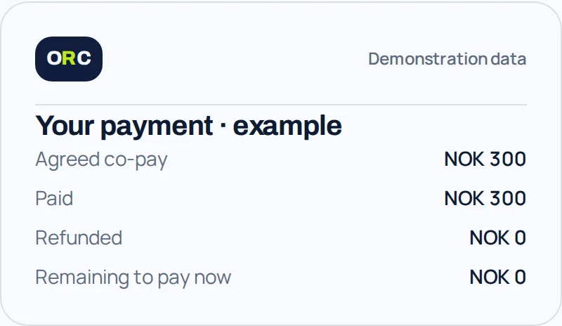 Demonstration payment overview: agreed NOK 300, paid NOK 300, refunded NOK 0, remaining NOK 0.